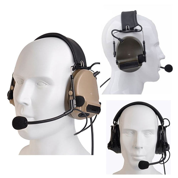 Airsoft comms setup with headset, earpiece, and handheld radio