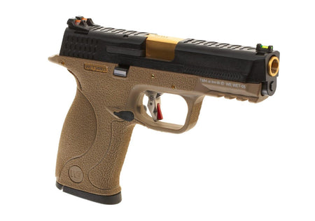 WE WET-05 Airsoft Pistol GBB Tan Frame Black Slide Gold Barrel