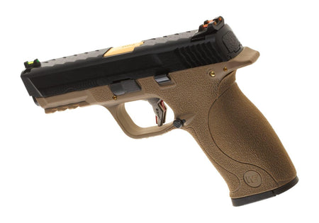 WE WET-05 Airsoft Pistol GBB Tan Frame Black Slide Gold Barrel