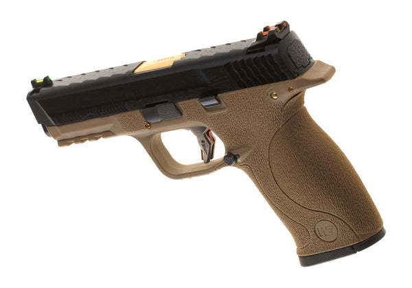 WE WET-05 Airsoft Pistol GBB Tan Frame Black Slide Gold Barrel