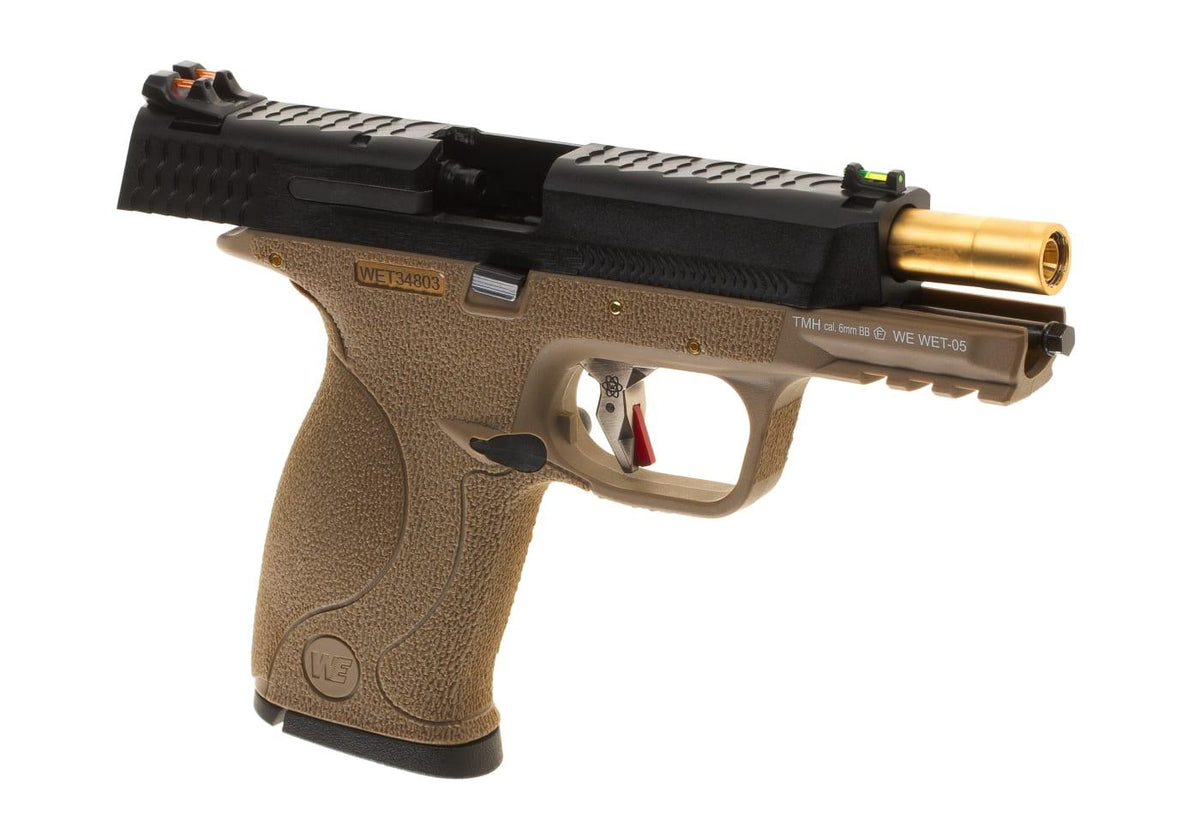 WE WET-05 Airsoft Pistol GBB Tan Frame Black Slide Gold Barrel