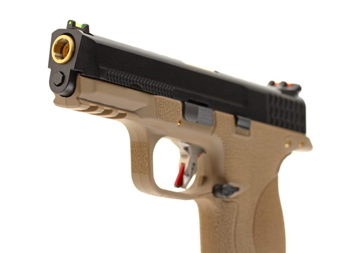 WE WET-05 Airsoft Pistol GBB Tan Frame Black Slide Gold Barrel