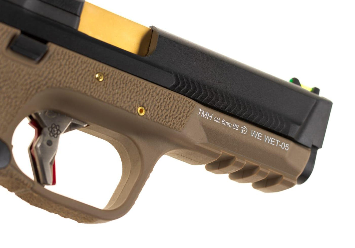 WE WET-05 Airsoft Pistol GBB Tan Frame Black Slide Gold Barrel
