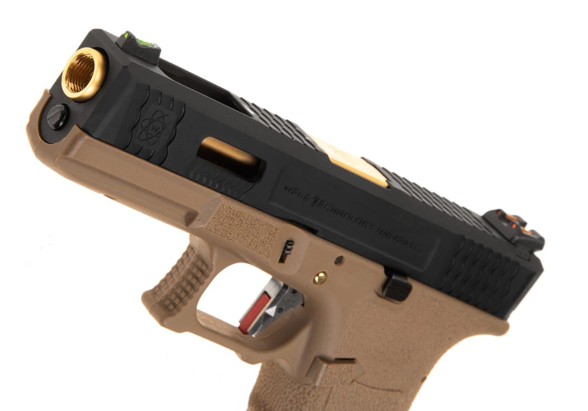 WE Airsoft G-Force EU17 SV Gold Barrel Black Slide Tan Frame Green Gas Pistol