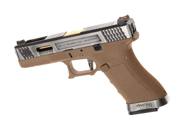 WE Airsoft G-Force EU17 SV Gold Barrel Tan Frame Silver Slide Green Gas Pistol