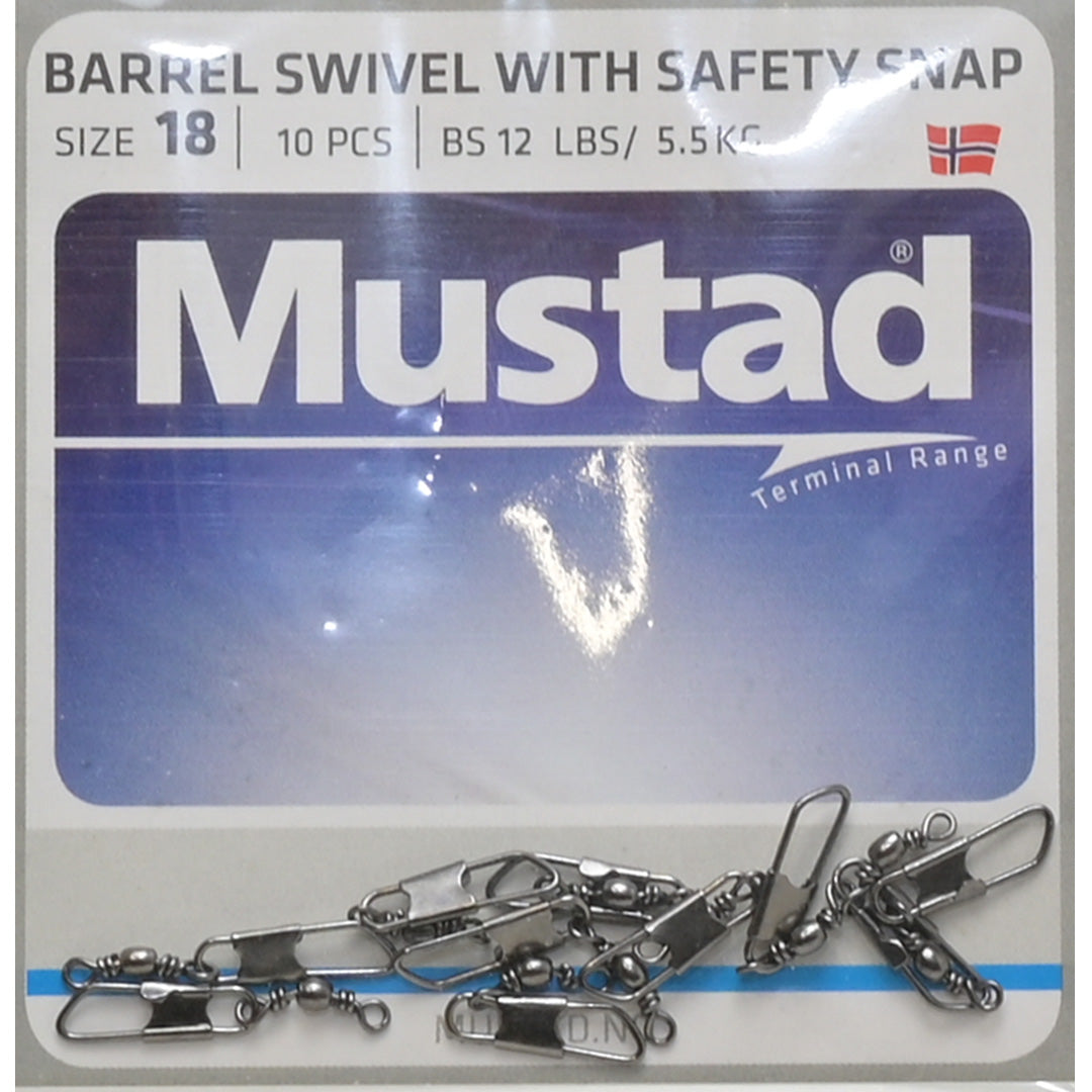 Mustad Fishing Barrel Swivels Safety Snap Size 18 / 5.5kg 10 Pack 