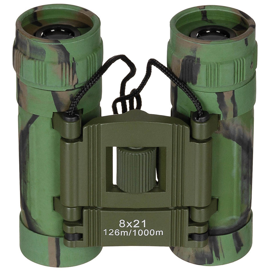 MFH Foldable Binocular 8x21 Woodland Camo Ruby Lens