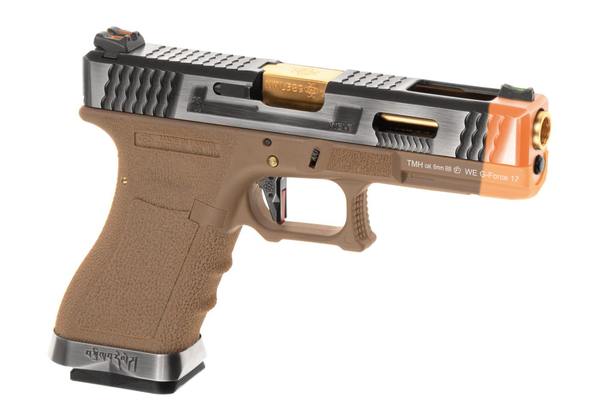 WE Airsoft G-Force EU17 SV Gold Barrel Tan Frame Silver Slide Green Gas Pistol