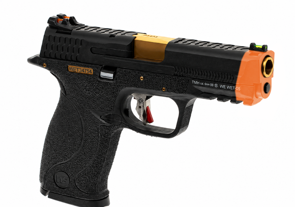 WE WET-05 Airsoft Pistol GBB Black Frame Black Slide Gold Barrel