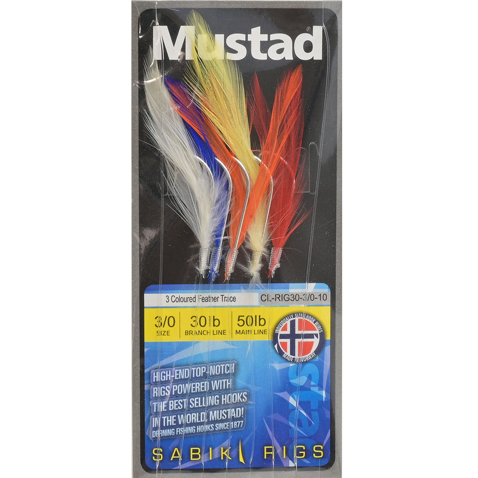 Mustad 3 Coloured Feather Trace Sz3/0 50lb